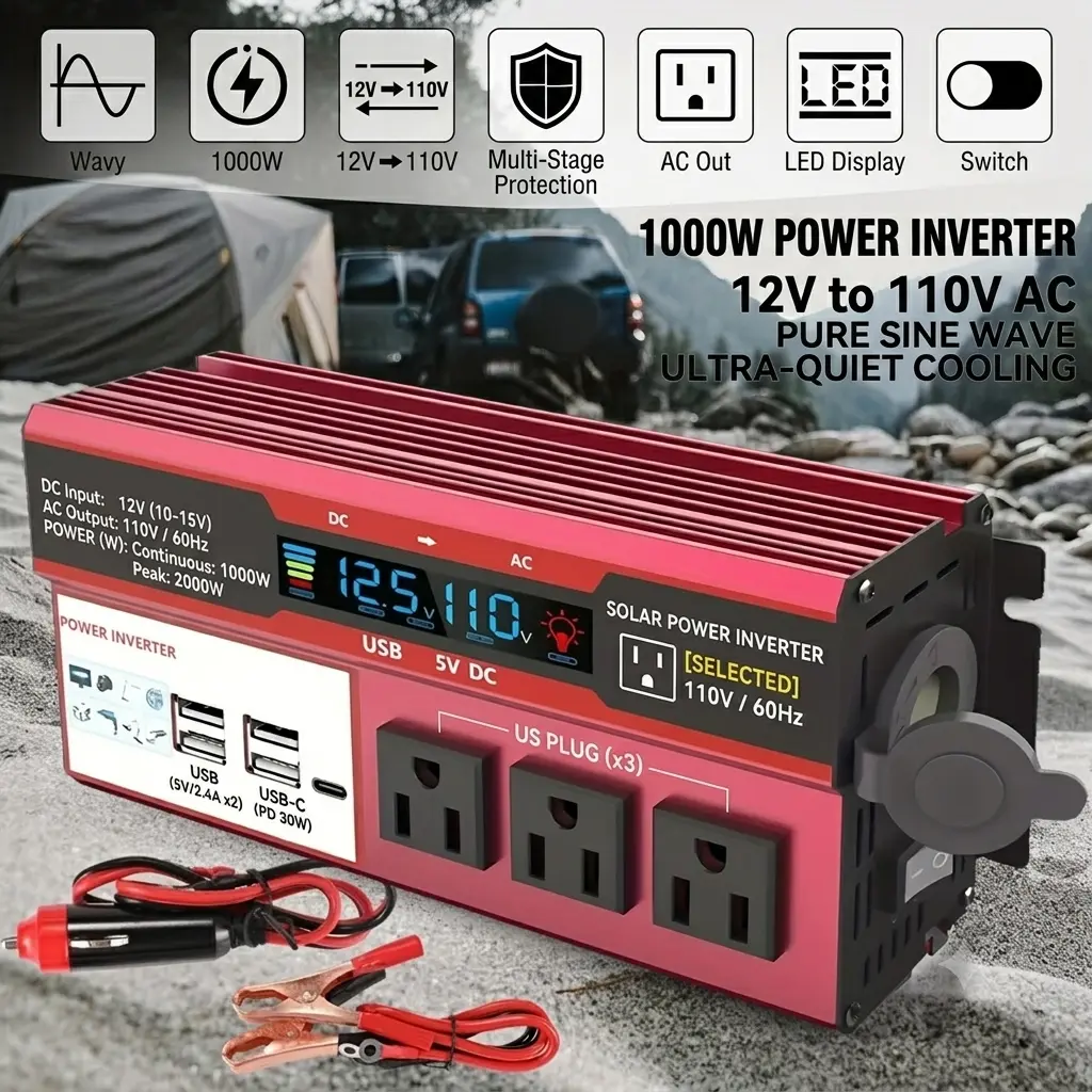 1000w Peak Power Pure Sine Wave Power Inverter With LCD Display Multiple USB‑A Fast Charging Ports US Outlets Portable Power Converter For Car RV Truck Boat Outdoor Camping Emergency Power Supply Without Built‑in Battery