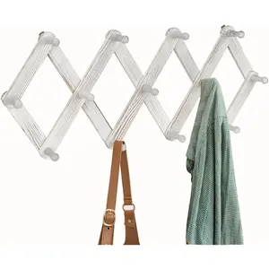 Accordian Wall Hanger, Expandable Coat Rack Wall Mounted, Accordion Style  Hat Rack with 13 Peg Hooks for  Coats, Hats, Mugs, Bags, Purses, Necklaces, Rustic White