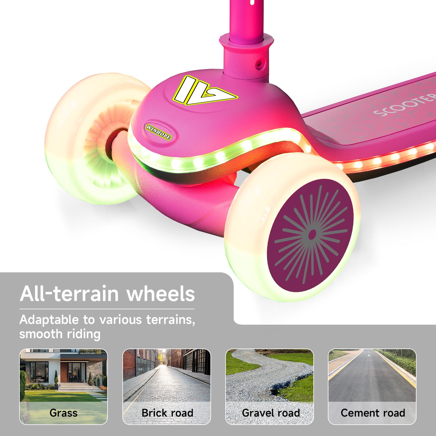 WINHOPE Pink Kids Scooter for 2-5Y with LED Light-Up Wheels 1-Step Fold All-Terrain Ride Fun and Safe for Children