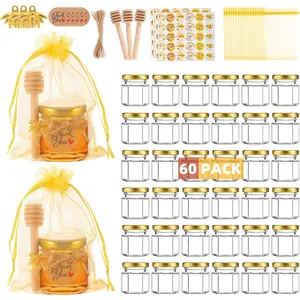 60-Pack 1.5 oz Mini Hexagonal Glass Honey Jars – Party Favor Set with Dippers, Lids, Gold Bags, Bee Charms, Thank You Cards, and Cute Stickers for Baby Shower and Wedding Party Gifts