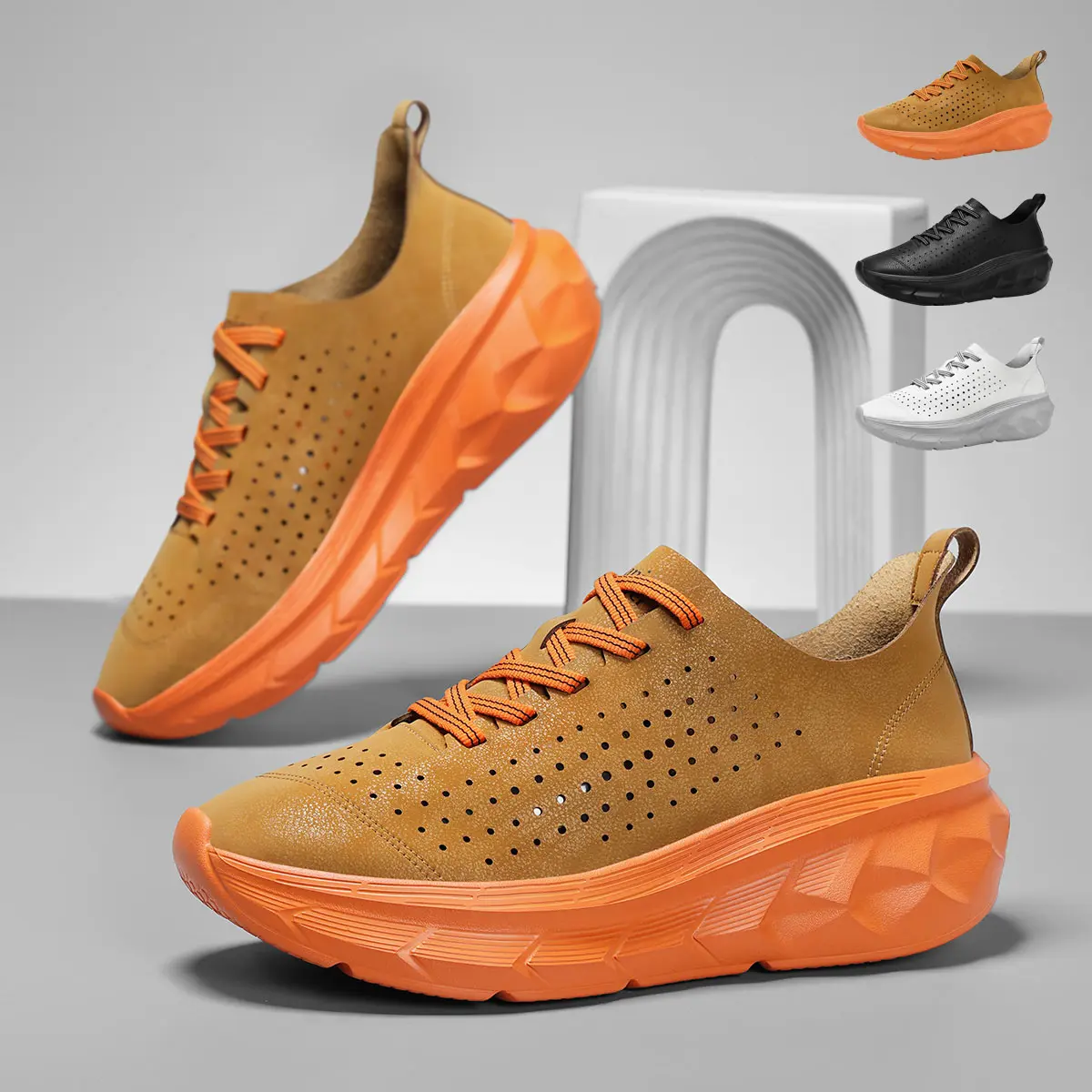 Poramea Mens Lace-up Sneakers Breathable Lightweight Walking Shoes Soft Microfiber Leather Running Shoes Non Slip Cushioned Tennis Fashion Casual Sneakers Athletic Jogging Shoes