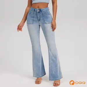 OQQ Women's High-waisted wide-leg jeans with excellent elasticity and soft comfort Square pocket design