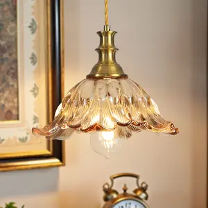 Vintage Flower Glass Pendant Light Adjustable Hanging Fixture Clear Amber Options for Kitchen Island E26 Bulb not included