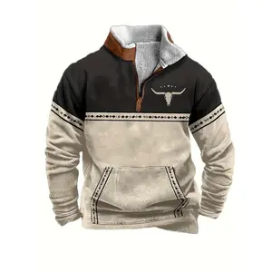Mens Vintage Western Bull Head Print 1/4 Zip Stand Collar Lightweight Jacket For Daily Outdoor Fitted Long Sleeve Casual Autumn Medium Length