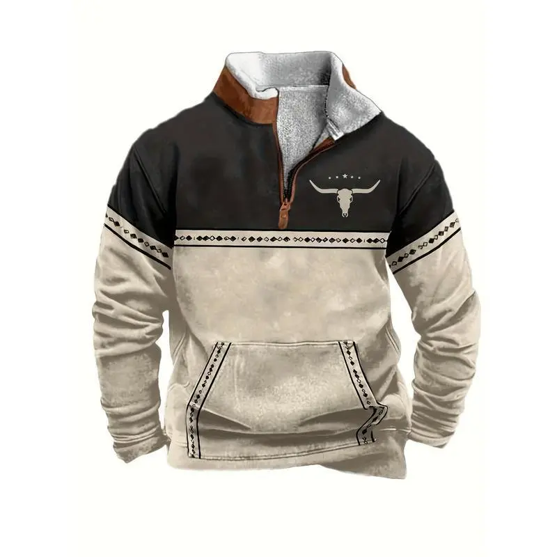Mens Vintage Western Bull Head Print 1/4 Zip Stand Collar Lightweight Jacket For Daily Outdoor Fitted Long Sleeve Casual Autumn Medium Length