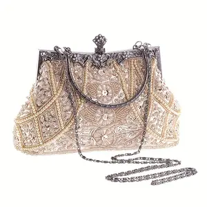 ChicBag Haven Vintage Beaded Clutch Floral Embroidery Detachable Strap for Women Wedding Party Formal Event Elegant Bag