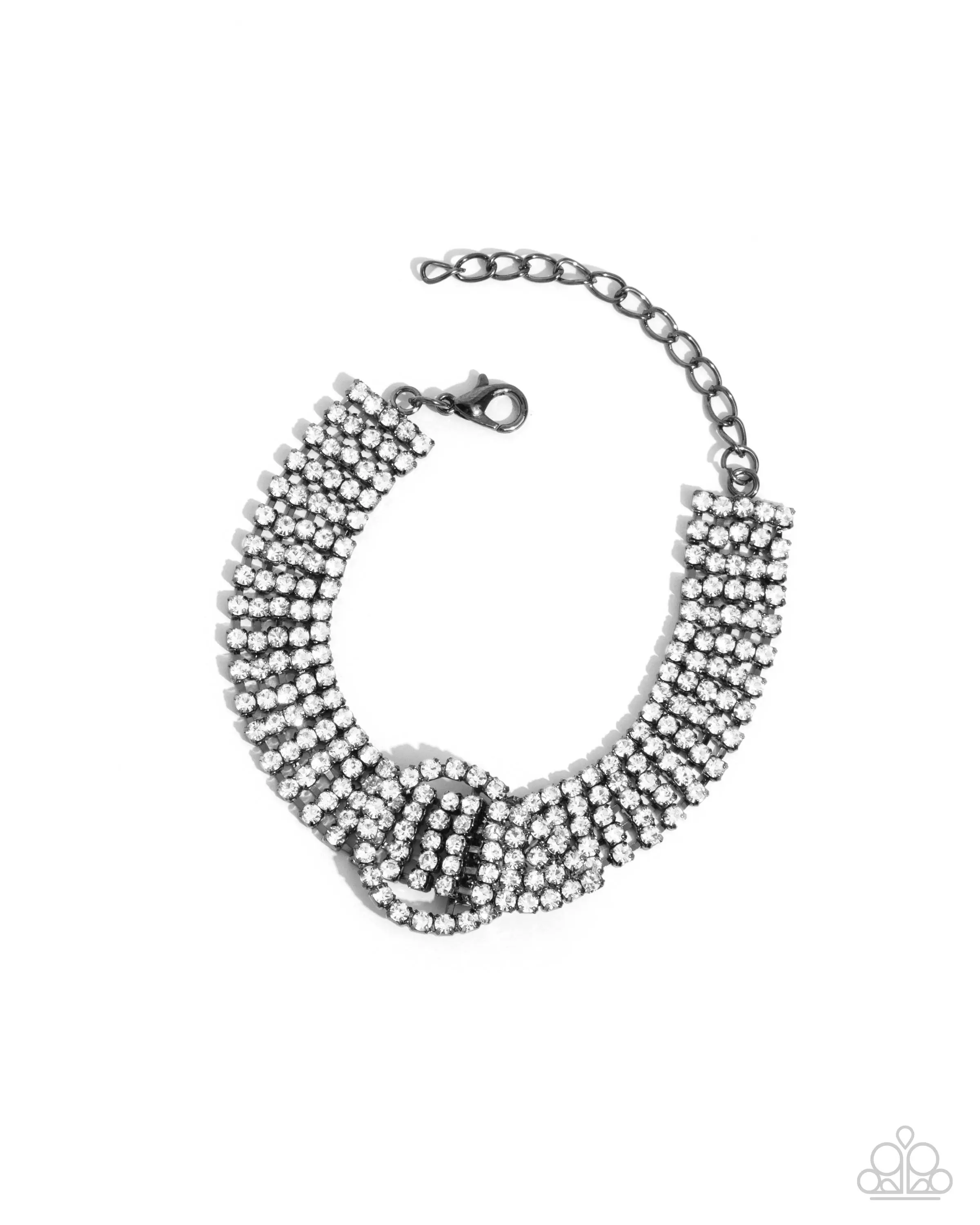 Musings Magic - Black Bracelet - Rows of White Rhinestones in Gunmetal Fittings Lead to White Rhinestone Arrow Threaded into White Rhinestone Circular Hoop for Buckle-like Look