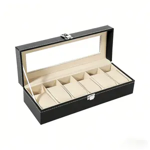 Luxury 6-slot black faux leather men's watch storage box with cream interior - travel organizer tray, watch display case and stand - perfect holiday gift for watch enthusiasts, travel accessory organizer | elegant display case | secure watch slots
