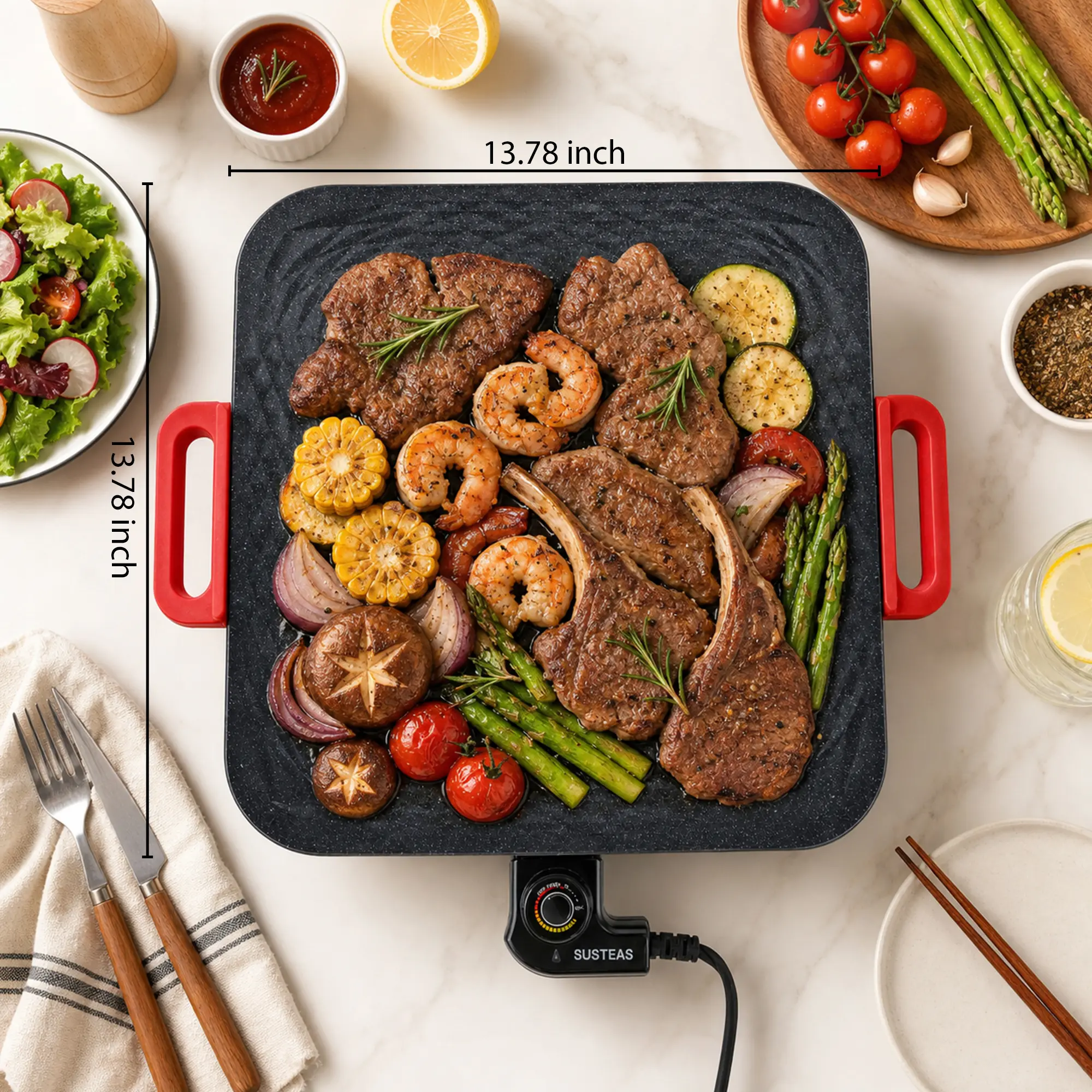 SUSTEAS Electric Griddle - 1500W Nonstick Countertop Appliance with Adjustable Temperature Control, 13.78in Large Square Cooking Surface for Pancakes, Steak, Seafood