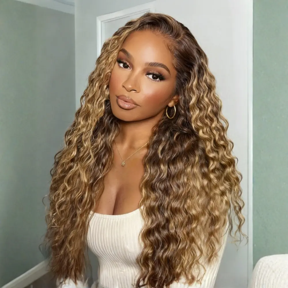 UNICE Wigs for Women, Ready to Wear 13x4 Pre-Cut HD Lace Frontal with Caramel & Honey Highlights, Heat Resistant Glueless Cap, 180% Density, Blonde Highlights, Female, Water Wave, 16-24 Inch, Pre-Cut Lace
