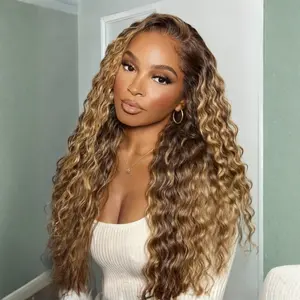 UNice 13x4  Pre Everything Caramel Brown with Honey Blonde Highlight Water Wave Wig Lace Frontal Human Hair Wig with Drawstring Natural Hairline Ready to Wear Beginers Friendly