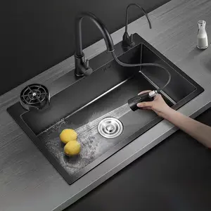 Modern Stainless Steel Kitchen Sink, 16 Gauge Single Bowl Sink with Pull Down Faucet & Soap Dispenser，Cup washer，Drain basket，Drain Kit
