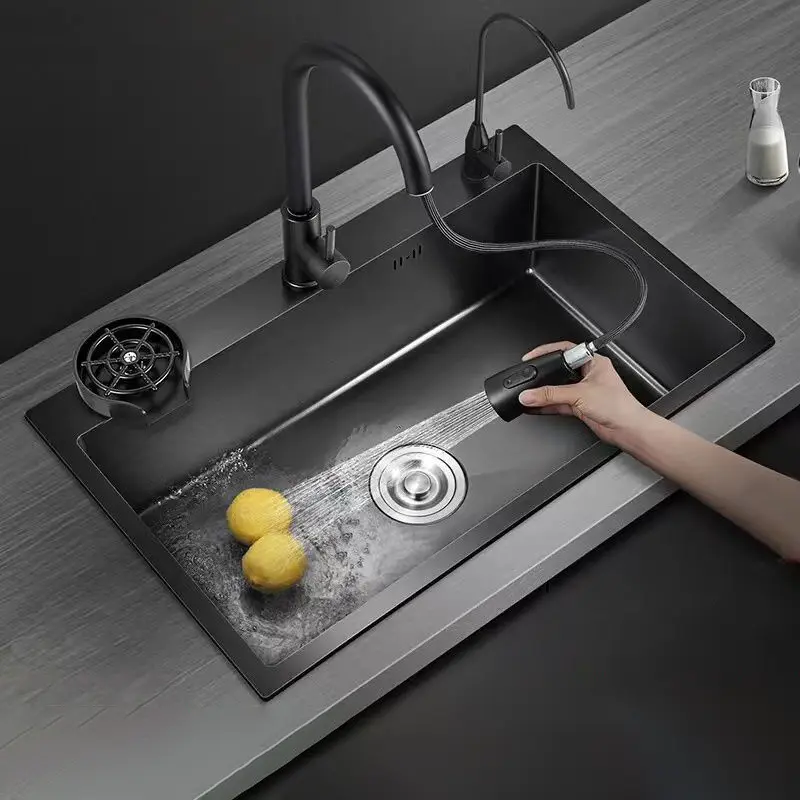 Modern Stainless Steel Kitchen Sink, 16 Gauge Single Bowl Sink with Pull Down Faucet & Soap Dispenser，Cup washer，Drain basket，Drain Kit