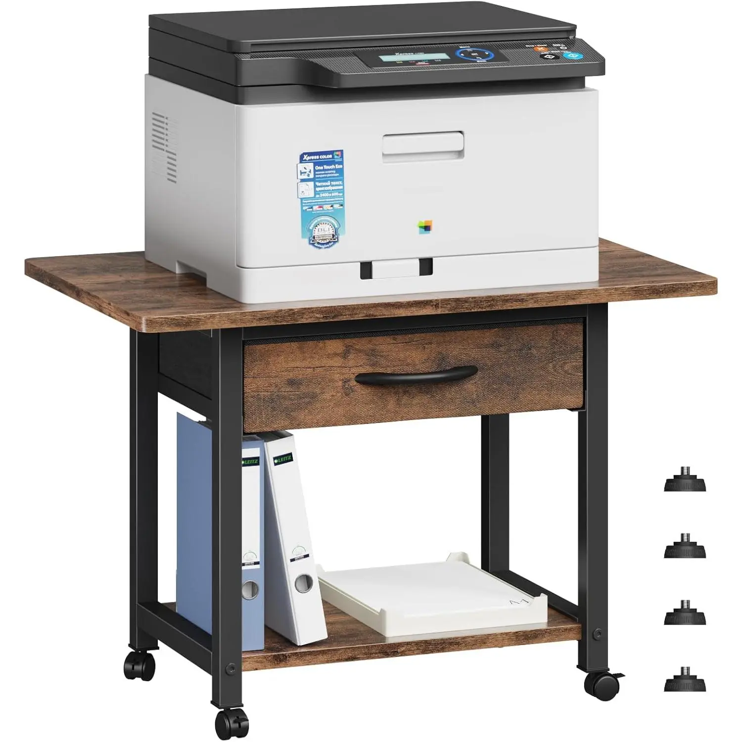 Freestanding Large Printer Stand with Storage Drawer, 2-Tier Under Desk Table for Home Office Use, Fits Fax Machine/3D Printer/Scanner (Brown), Computer Desk