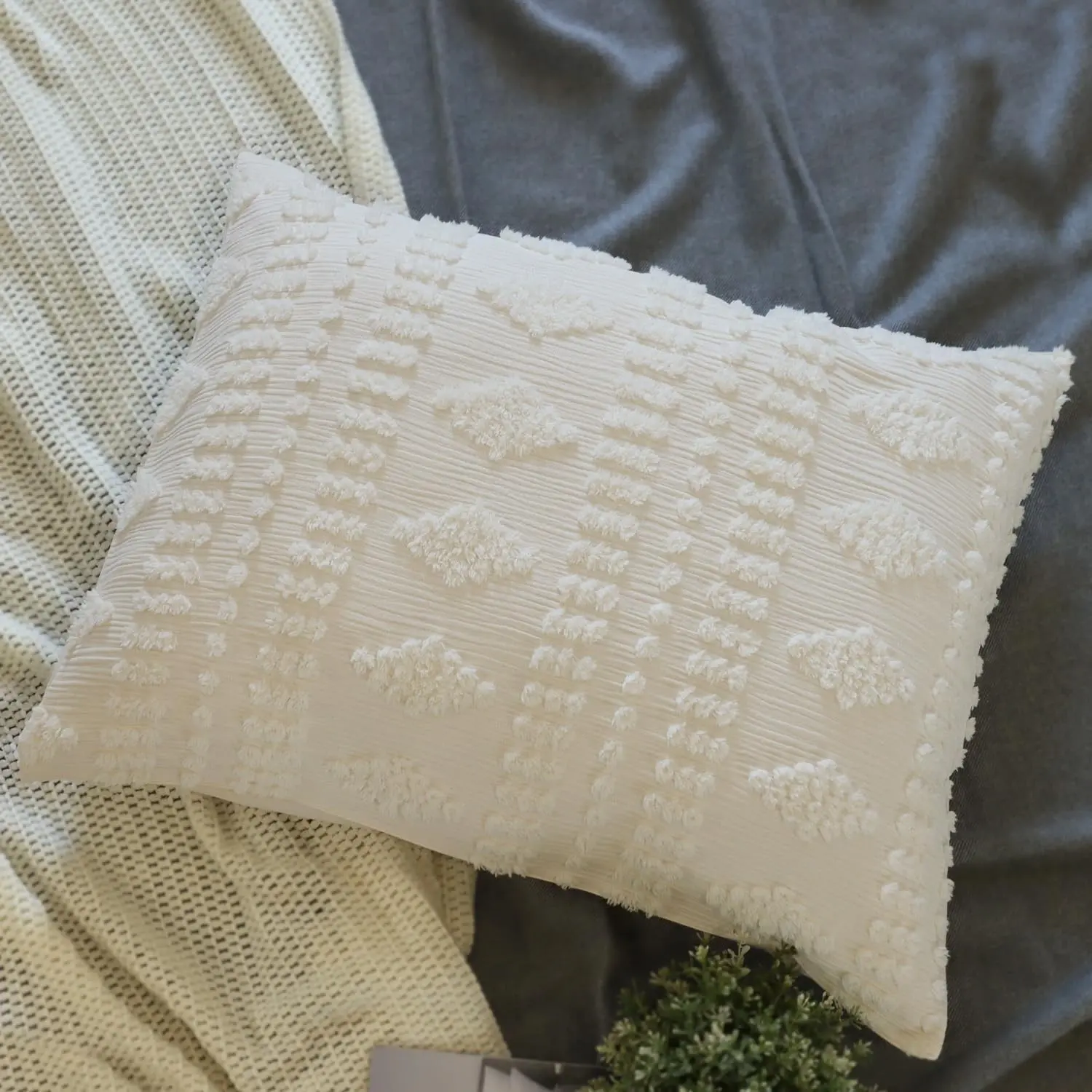 Tufted Pillow Shams Standard Ivory Set of 2 Boho Pillowcases Shabby Chic | Moroccan Pillow Sham, Cream Off White Textured Poms Diamonds Embroidered Jacquard Decorative Farmhouse Cotton 20x26