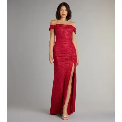 belinda off the shoulder slit satin formal dress Belinda Off The Shoulder Slit Satin Formal Dress