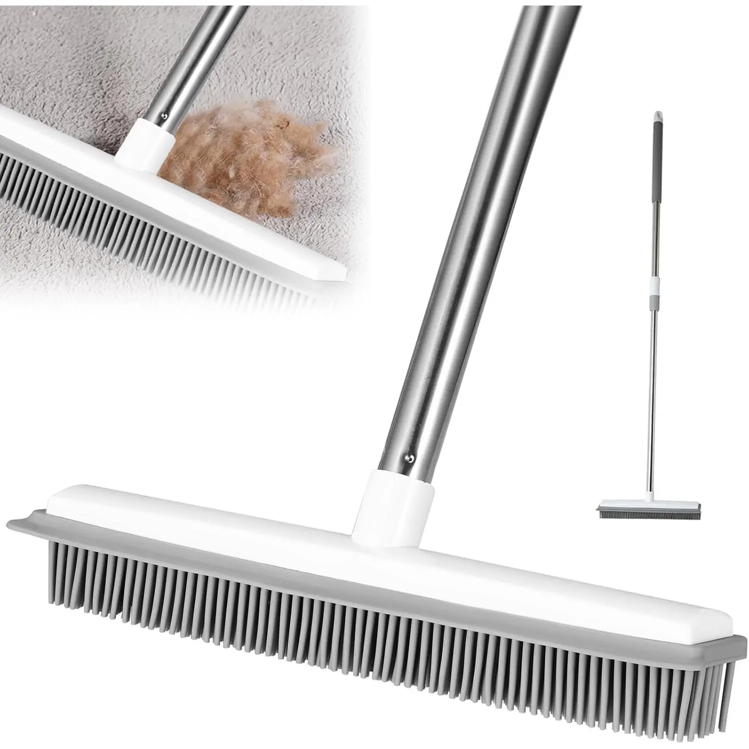 53in Foldable Stainless Steel Pet Hair Removal Rubber Broom - Comfortable Long Adjustable Handle, Carpet Rake with Built-in Squeegee, Lint Remover Brush & Wipe for Carpets, Glass