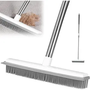 Pet Hair Removal Broom Long Handle Adjustable Carpet Rake Cat Dog Hair Remover Rubber Broom with Built in Squeegee Lint Remover Brush for Carpets Couch Rugs Mats Stairs (53inch)