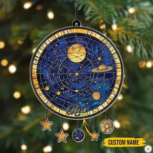 Personalized Solar System Acrylic Suncatcher, Faux Stained Glass Cosmic Window Hanging, Custom Name Decor