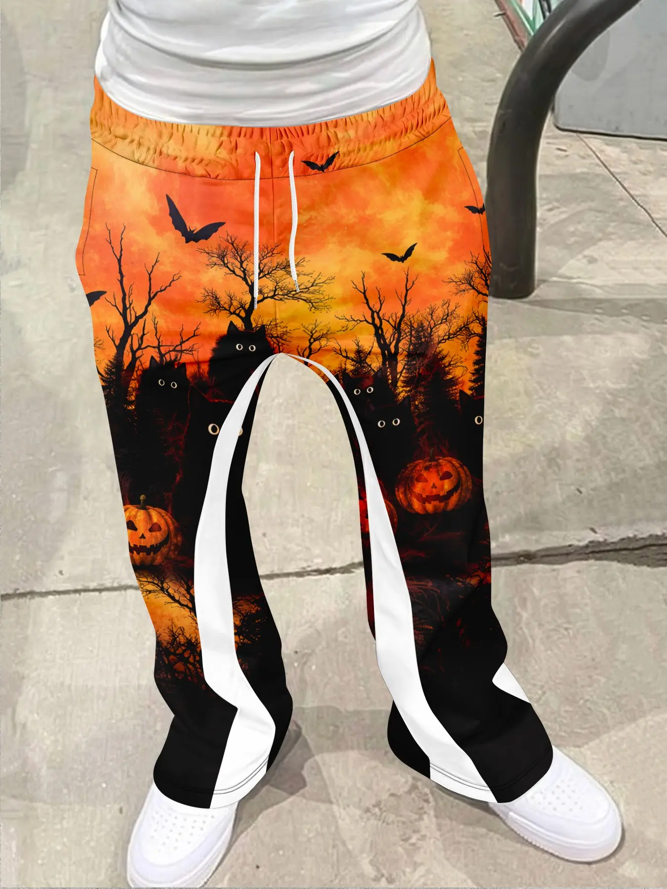 Halloween Ghost Forest Bell Bottoms, Jack Ghost Lantern Casual Pants, Geometric Pattern, Fitted Style, All Seasons Wear