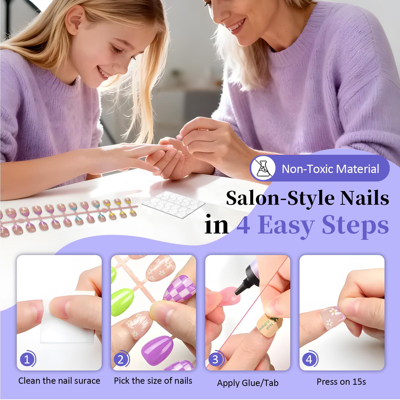 Kids Press On Nails Kit, 6 Pack 144PCS Colorful Flower Fake Nail Tips for Girls Ages 4-12, Almond Shape Nail Set with Jelly Glue & Nail Adhesive, Birthday Gifts & Holiday Surprises