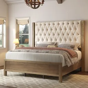 [MothersDayGift]VanAcc Solid Wood Bed Frame, 57" Tall Farmhouse Platform Beds, Upholstered Line Wingback Headboard, Deep Button Tufted, No Box Spring Needed, Easy Assembly#SummerVibes