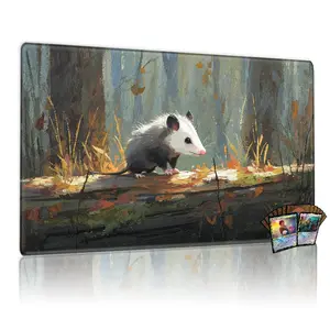 TCG, MTG, CCG RPG trading card game MATS, curious opossum on mossy log, autumn woodland art, 14×24 inches, non-slip, washable, gaming mat, office desk decor, collectible, Gaming Mouse Pads