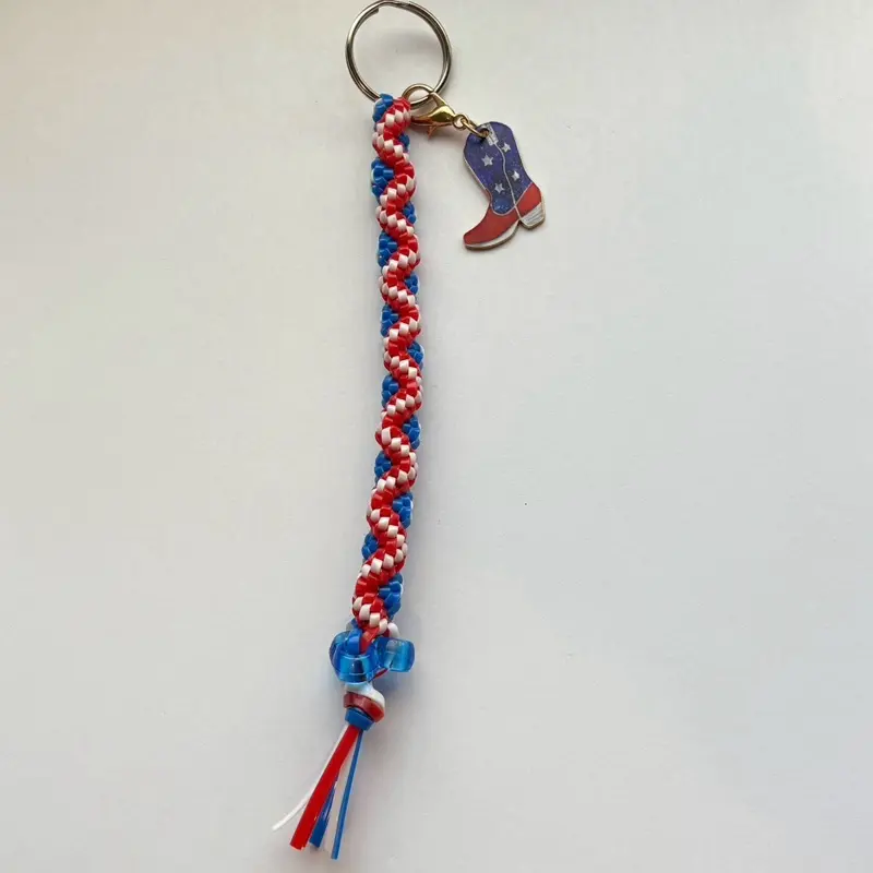 Freedom Twist Rexlace Keychain with Patriotic Boot Charm and Red White Blue Rope Design