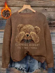 Women's Fall Winter Fitted Sweater, Soft Warm Plush Fabric, Cute Bear Print Design, Casual Daily Wear, Perfect for Cozy
