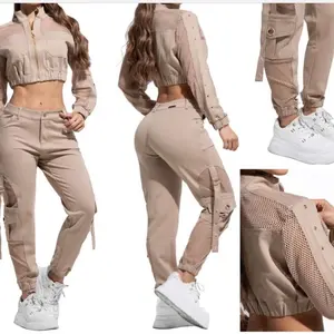 Women's Beige Cargo Jogger Set size 12 - High-Waisted Pants & Cropped Top - Stylish & Comfortable - Perfect for Casual Wear