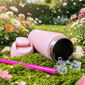 O-(Cherry Blossom Pink)Crystal 32-oz/945ml Outdoor Sports Water Bottle, Double-layer vacuum insulation design, portable water cup, can keep ice cubes from melting for 8-12 hours, comes with a carrying rope, convenient for carrying out