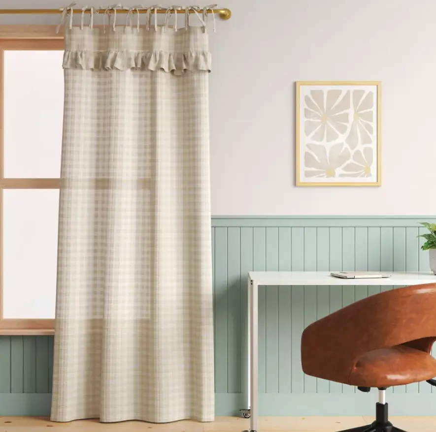 Ivory/Tan Gingham Ruffle Light Filtering Curtain Panel, 42"x84" Dorm Window Curtain