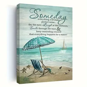 1 Piece Wooden Frame Canvas Painting Seaside Shell Art Print Wall Art Bedroom Living Room Home Decoration Beach Ocean Turtle and Sailboat Picture Canvas Print Poster Picture with Frame Ready to Hang Gift