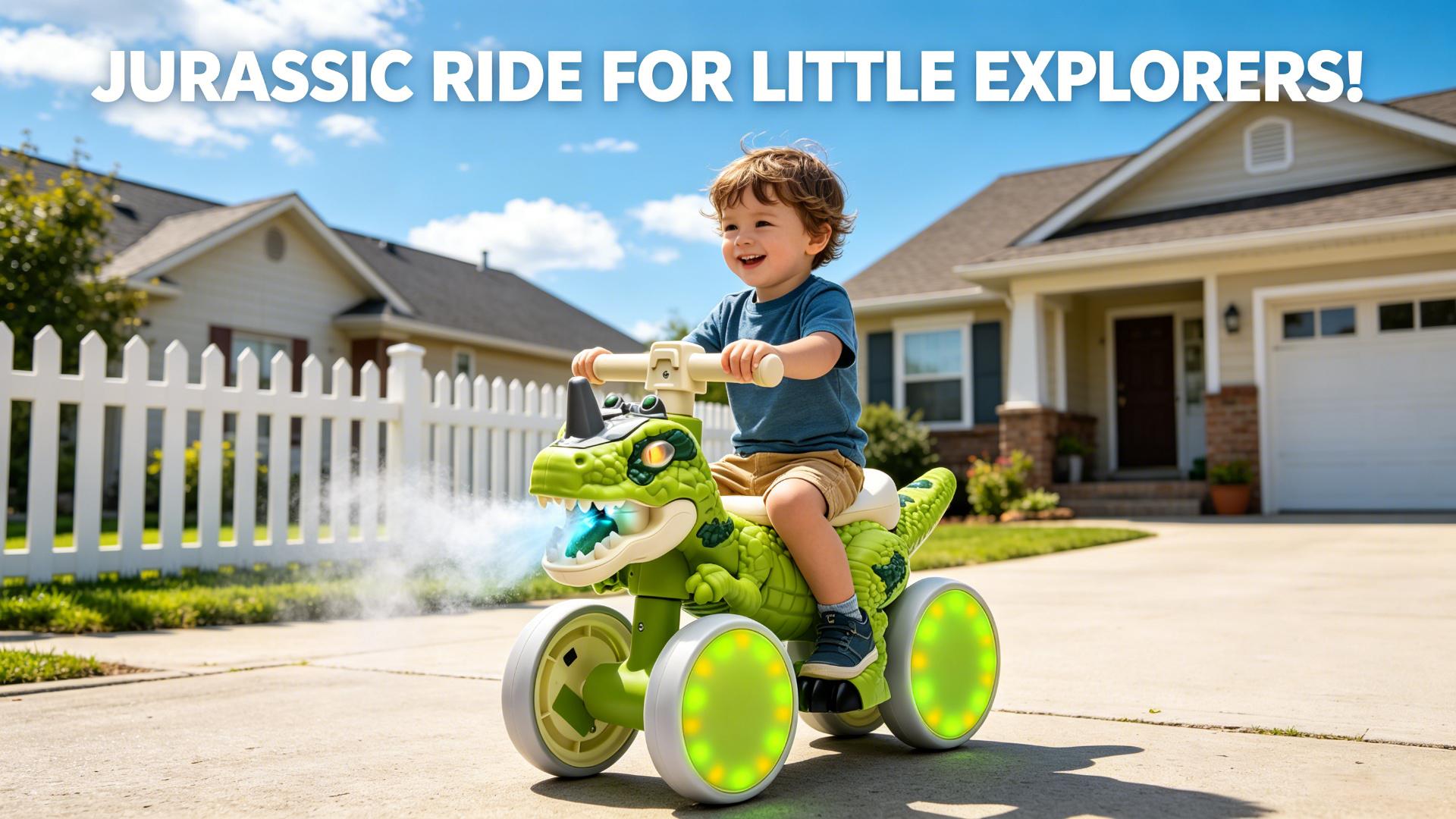 Unisex T-Rex Theme 4-Wheel No-Pedal Toddler Balance Bike (Ages 1-3) - Kids Toys, Toddler Toys with Light-Up Wheels, Spray Function, Sound Effects, Music, EVA Tires, Safety-Enhanced Design
