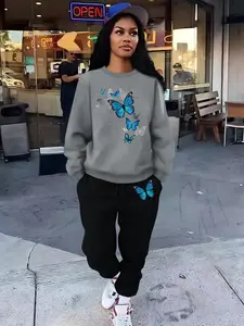 Women's Butterfly Print Sweatshirt &  Pants Two-piece Set, Casual Round Neck Long Sleeve Pullover & Trousers for Fall & Winter, Ladies Clothes for Daily Wear