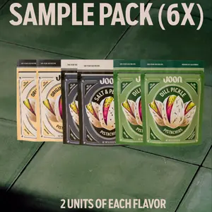 Joon Pistachio Sample Pack 6 Pack Assorted Flavored Pistachios Dill Pickle Original Salted Salt and Pepper Crunchy Snack High Protein Clean Ingredients No Seed Oils