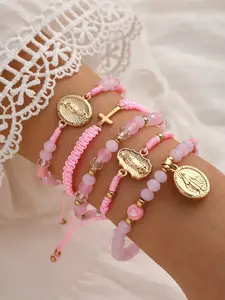 5pcs Fashionable Virgin Mary Cross Beaded Bracelets, Handmade Pink Heart Charm Women's Bracelet Set