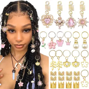 VENOFEN 36PCS Pink Crystal Hair Jewelry Butterfly Braids Clips Flower Loc Jewelry Pearl Hair Charms Gold Hair Cuffs Rings Metal Dreadlock Beads Multi Style Braids Accessories for Women and Girls
