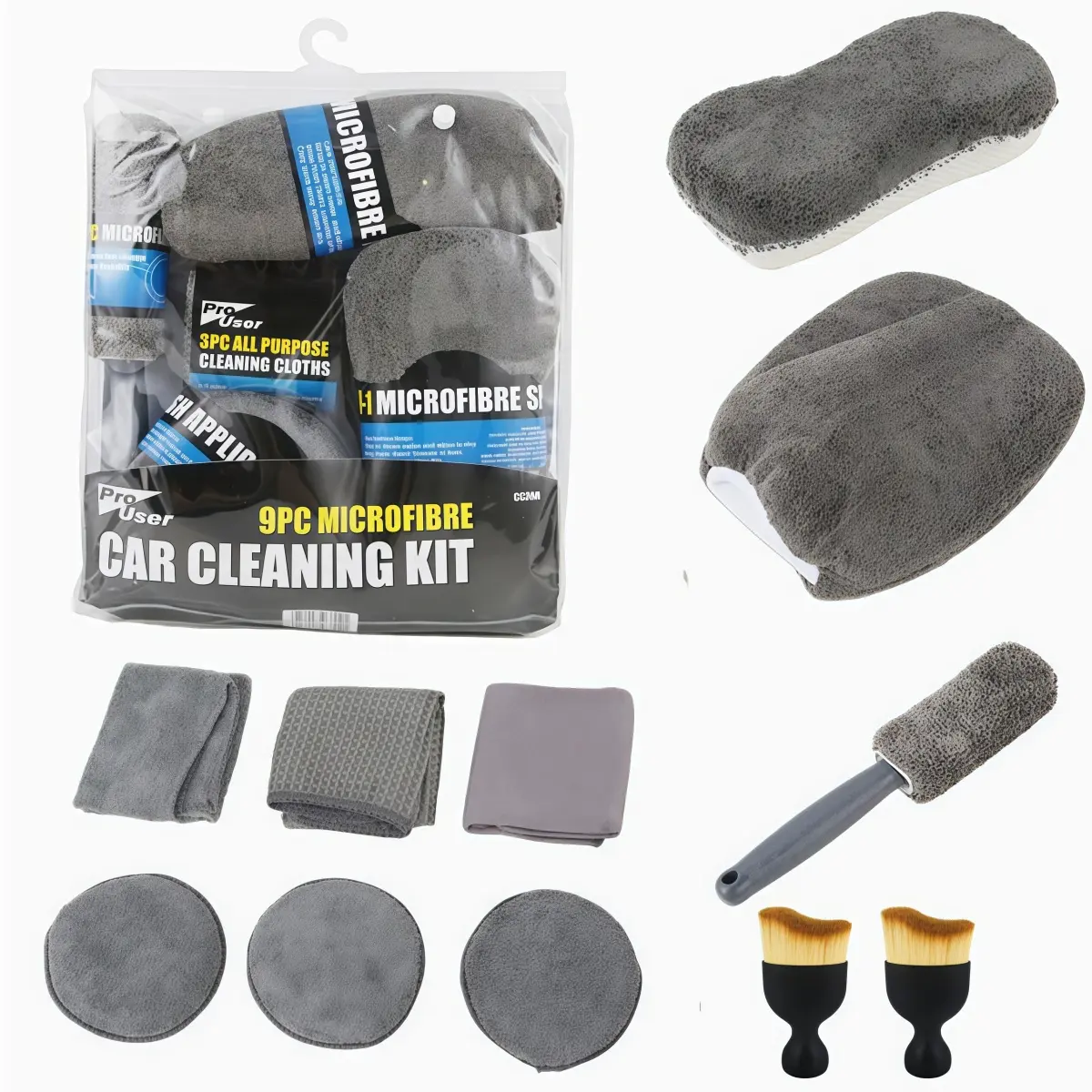 11PCS Multi-functional Car Cleaning Kit, Automotive Accessories with Microfiber Cloths, Scratch Removal Pad, Tire Brush, Detailing Sponges for Interior-Exterior Auto Maintenance