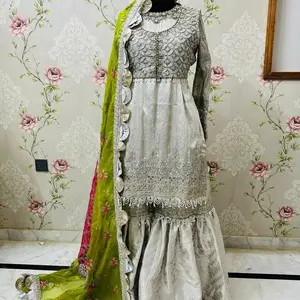 Maria B Original Formal Wear Elegant Grey Dress with Green Dupatta and Floral Embellishments