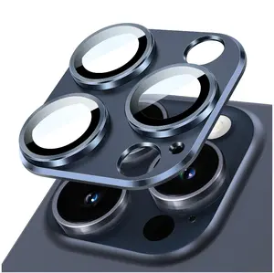 Camera Lens Protector for iPhone 15 Pro 6.1-Inch and iPhone 15 Pro Max 6.7-Inch, Full Coverage 9H Tempered Glass Ring Cover, Matte Metal Plate, Case Friendly, 1-Pack (Blue)