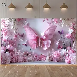 1pc 2D Flat 2D Princess Girl Birthday Party Tapestry - / Polyester Wall Hanging with Pink Butterflies & Floral Design, Horizontal Home Decor for Indoor Celebrations, Princess Party Decorations, C