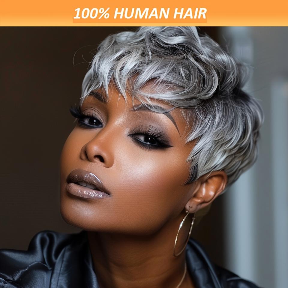 "Women's Chic Pixie Cut Human Hair Wig Ash Grey Balayage Glueless 150% Density Brazilian Remy Hair Layered Bangs Natural Fullness For Daily & Special Events "	