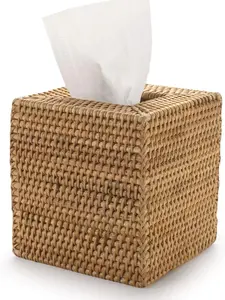 Square Rattan Tissue Box Cover, hand-woven wicker tissue holder measuring 5.5 x 5.5 x 5.7 inches in a natural finish.