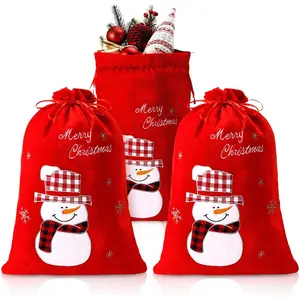 3-Pack Large Christmas Drawstring Gift Bags Christmas Red Velvet Fabric Bags Candy Gift Bags Christmas Party Giveaway Supplies (15 x 21 inches, Snowman Design)