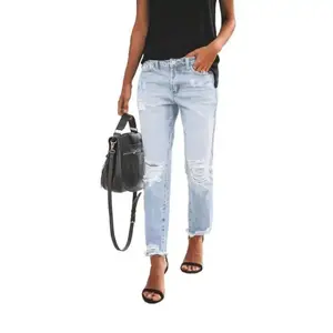 Women's Ripped Mid Waisted Boyfriend Jeans Loose Fit Distressed Stretchy  Distressed Denim Jeans Cropped Capris Pants Basic Fabric