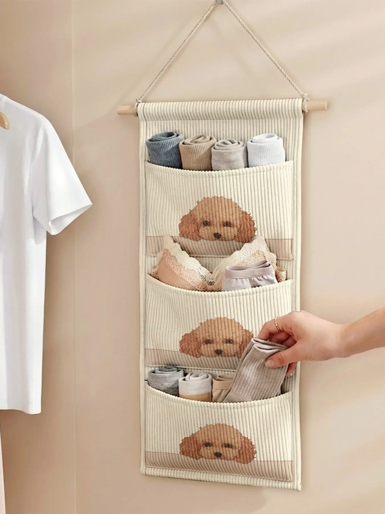 Kitchen Storage Bag, Dog Pattern, 2D Print, Hanging Organizer, Three-Layer Design, Holds Utensils, Spices, Towels, Small Items, Ideal for Rentals