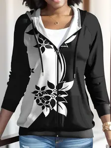 USBoutiqueCHIC Women's Cozy Fall Winter Floral Print Hoodie Top - Soft Stretchy Pullover Sweatshirt, Casual Slim Fit Long Sleeve for Daily Wear