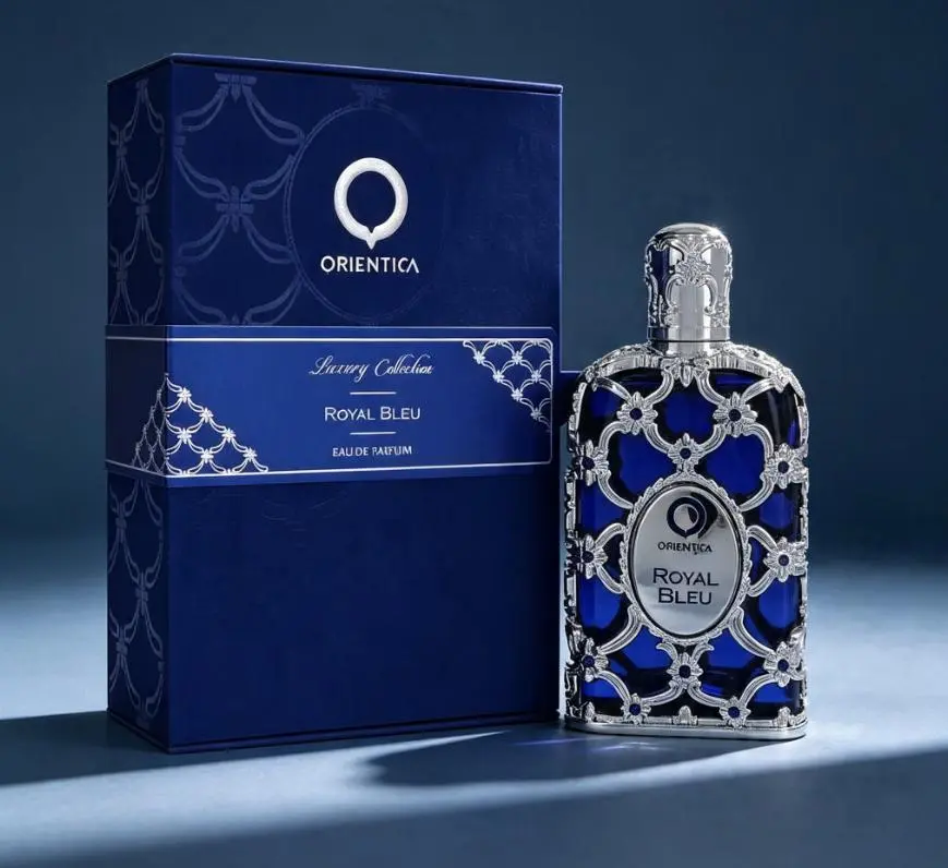 Premium Royal Bleu Luxury Unisex Perfume Orientica 3.4oz EDP Soft Floral Rich Oud Sandalwood Fragrance, Exquisite Navy Silver Palace Pattern Gift Box Ideal Luxury Gift For Couple Birthday Anniversary Christmas