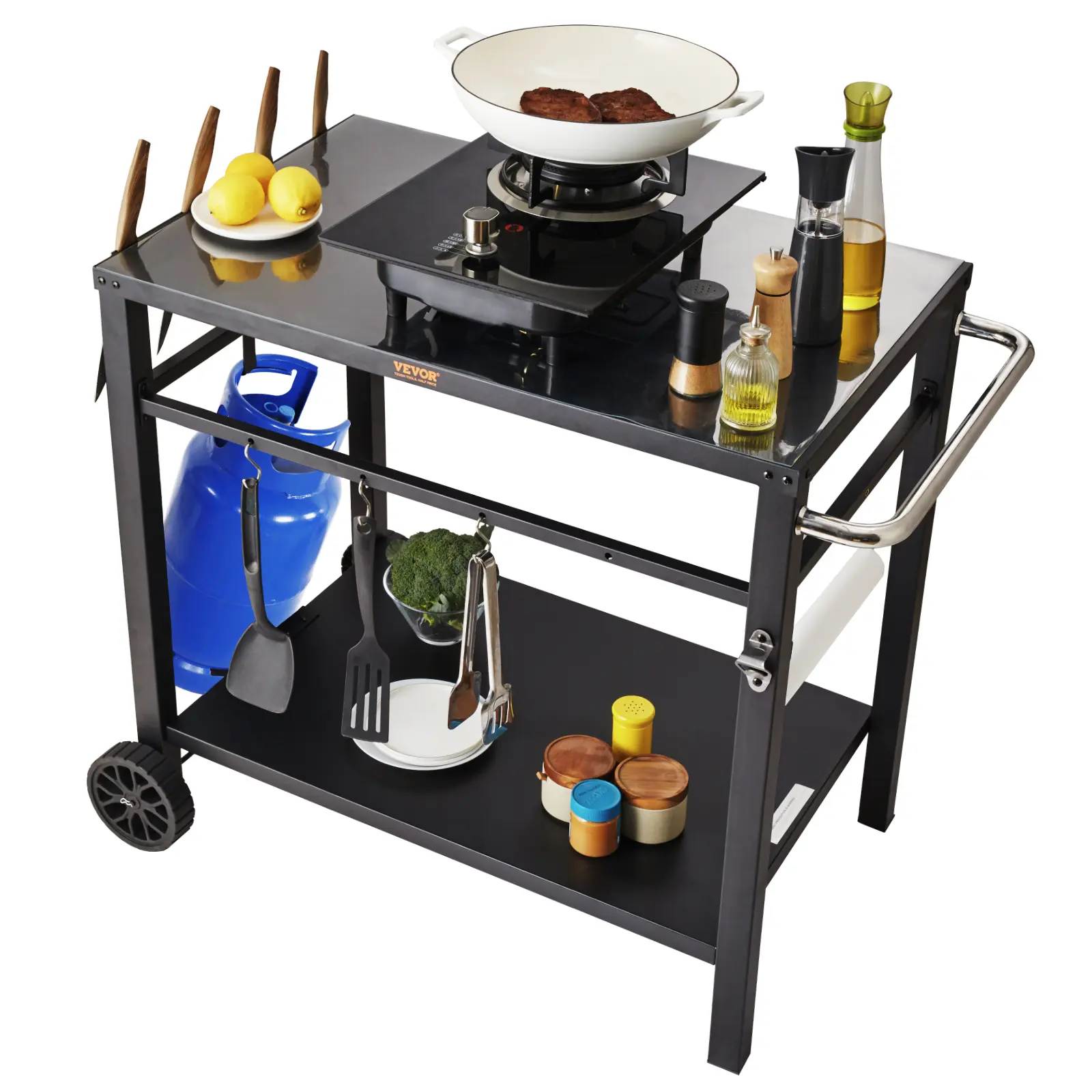 【summerfinds】VEVOR Movable Outdoor Barbecue Dining Cart - Double-Shelf Multifunctional Iron Tabletop, Portable Modular Cooking Cart with 2 Wheels, Carry Handle, Paper Towel Holder, Bottle Opener, Sturdy Organiser for Pizza Oven, Black BBQs